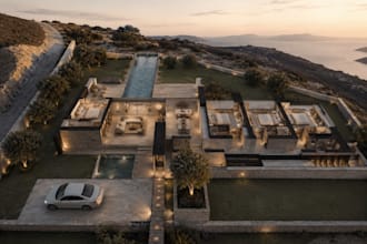 revamp old building to modern 3d concrete house,hillside villa,aerial rendering,