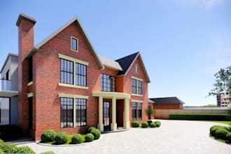 render modern traditional house for marketing, red brick facade, english cottage