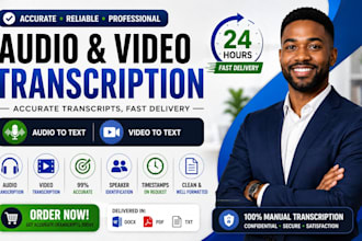 transcribe video to text, and do recording audio transcription in 24 hours