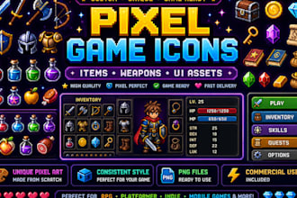 create pixel art icons, items, weapons, and UI assets for games