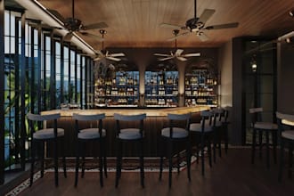 upscale 3d rooftop bar,luxury outdoor restaurant,sky lounge,banqutte seat render