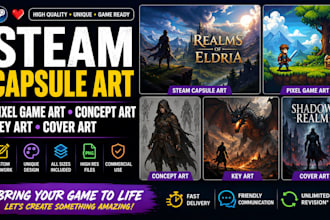 steam capsule art, pixel game art, concept art, key art, cover art