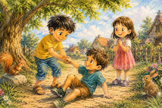 illustrate moral storybooks for children with hand drawn art
