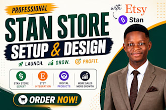setup,stan store, etsy shop, upload digital prod and do stan store marketing