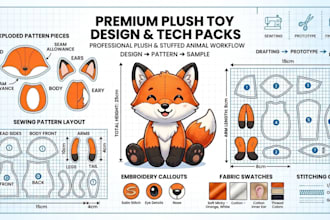 design plush sewing pattern tech pack stuffed toy ready for production