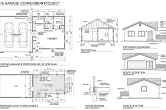 do architecture permit drawing, floor plan, adu, garage conversion and deck plan