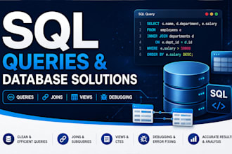 write sql queries, joins, views, and fix database errors