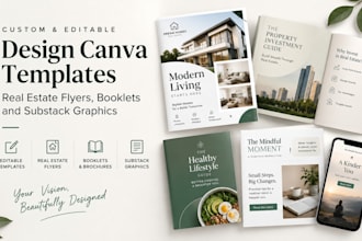 design canva templates, real estate flyers, booklets and substack graphics