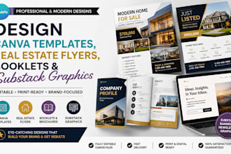 design canva templates, real estate flyers, booklets and substack graphics