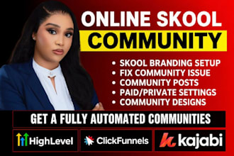 skool community setup, course upload, circle so kajabi skool online community