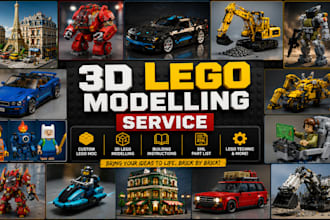 do 3d lego car, house, bike, ship, moc, lego minifigure, lego toys, bjd models