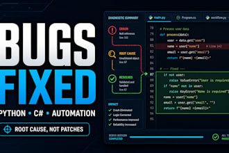 debug and fix python c sharp and automation code