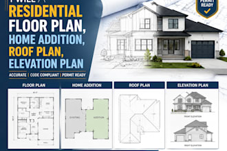 residential floor plan, home addition, roof plan, elevation plan