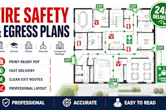 design fire safety plan, emergency evacuation map and egress plan for buildings