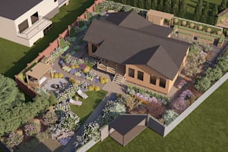 design backyard landscape, patio, pool, garden with realistic 3d rendering