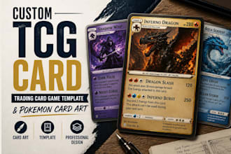 design custom tcg card illustration, trading card game template pokemon card art