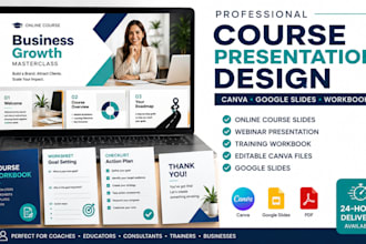 design canva online course slides, webinar presentation, google slides, workbook