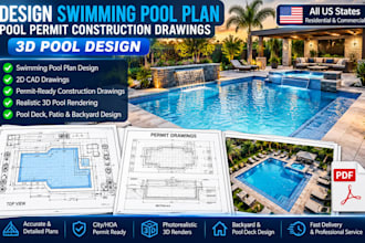 design swimming pool plan, pool permit construction drawings, 3d pool design