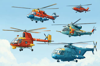 draw helicopter , airplane , aircraft , into a vector cartoon