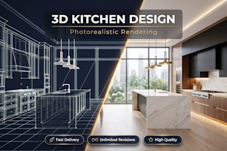design luxury 3d kitchen interior and create photorealistic kitchen rendering
