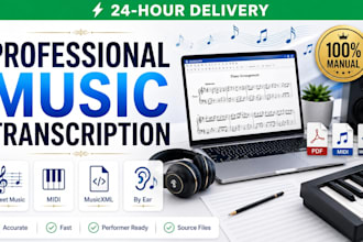 convert audio to sheet music, midi, guitar tab, sibelius, finale in 24hrs