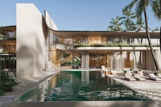 fabricate 3d luxury tropical villa,outdoor lounge,infinity pool,resort rendering