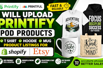 upload printify pod t shirt hoodie mug product listings shopify etsy ebay amazon