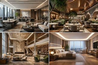 interior design of commercial office, restaurant, hotel, architectural 3d render