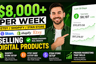 setup 7figure shopify digital product store, etsy shop, stan store digital store