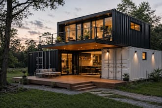 design a shipping container house with realistic 3d renderings