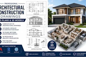 draw a full set of architectural construction drawings, 2d and 3d construction