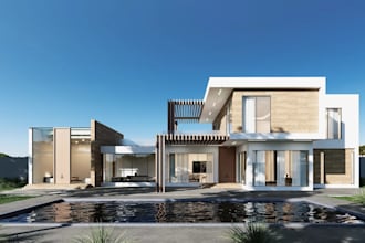 modern house elevation drawing, 3d render for marketing purpose, vr walkthrough