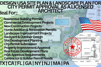 design USA site plan and landscaping plan for city permit tx, ca, ma, ga, fl