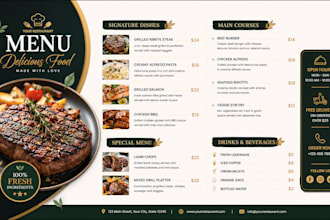 design a professional food menu cafe menu or bakery menu