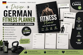 design german fitness planner, workout journal, gym log and canva PDF