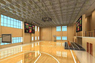design 3d basketball gymnasium interior, scoreboard, net partition, cgi lounge