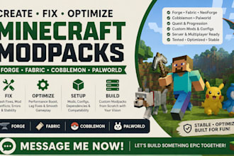 create, fix, optimize minecraft modpacks, forge cobblemon, palworld forge fabric