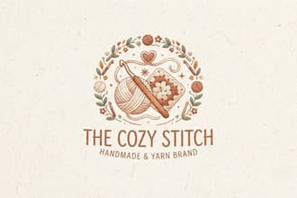l design a cozy crochet logo for handmade and yarn brand