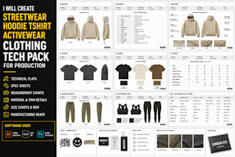 create streetwear hoodie tshirt activewear clothing tech pack for production