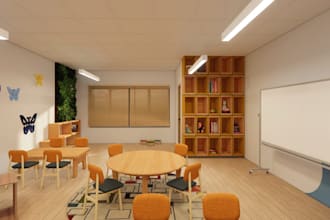modern 3d preschool design,kindergarten classroom interior,wooden furniture set