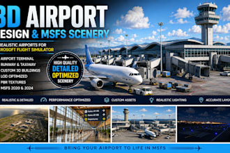 create realistic 3d airport terminal design runway and msfs airport scenery