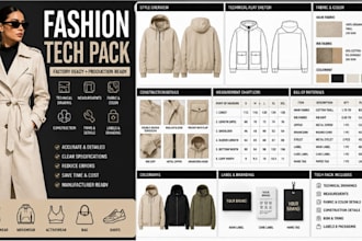 create professional fashion tech pack, clothing tech pack and apparel design