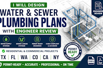 design tx, fl, wa co, ca, ny water and sewer plumbing plans with engineer review