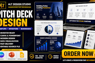design a professional pitch deck investor deck and presentation