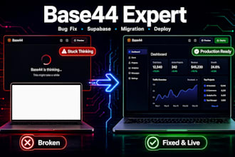 be base44 expert for base44 app bug fix, website migration supabase integration