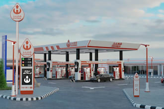 renovate 3d hyper gas station, corner shop,petrol station rendering,fuel station