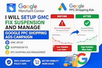 setup gmc fix suspension and manage google PPC shopping ads campaign