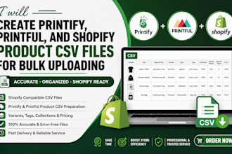 create printify, printful, and shopify product CSV files for bulk uploading