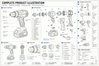 create product line art, techical drawing and instructions manual illustration