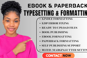 book formatting, amazon KDP paperback or kindle ebook formatting typesetting